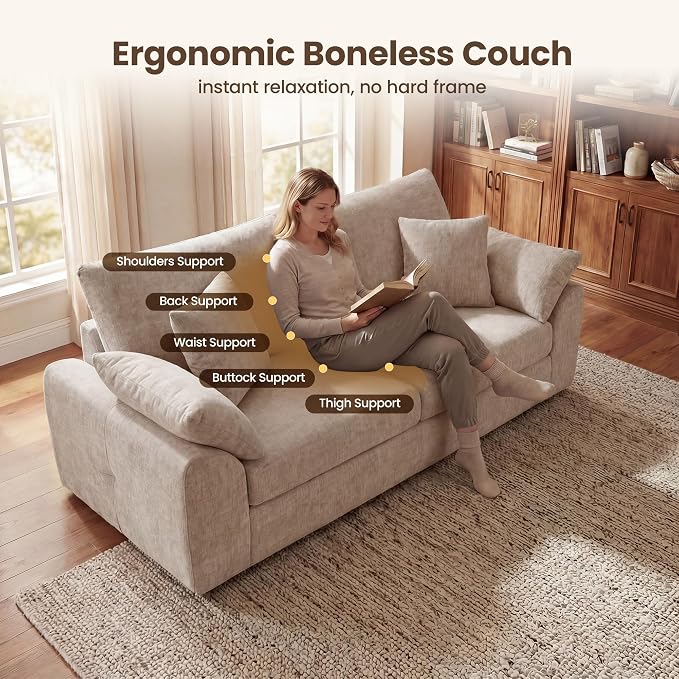 90" Boneless Loveseat Sofa, Polyester Fabric 2-Seater Couch with 4 Pillows, No Assembly Required, Soft High Density Foam Cushion, Rectangular Track Arm Sofa for Living Room Bedroom Apartment (Camel)