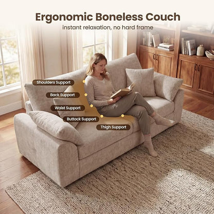 90" Boneless Loveseat Sofa, Polyester Fabric 2-Seater Couch with 4 Pillows, No Assembly Required, Soft High Density Foam Cushion, Rectangular Track Arm Sofa for Living Room Bedroom Apartment (Camel)
