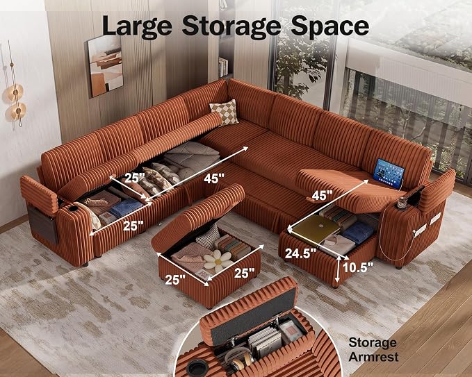 Vipbear 130" Modular Sectional Sleeper Sofa with Pull Out Bed, 9 Seat Corduroy L Shaped Couch with Ottoman and Chaise|USB Ports|Cup Holders|Side Table, Tool Free Assembly, Orange