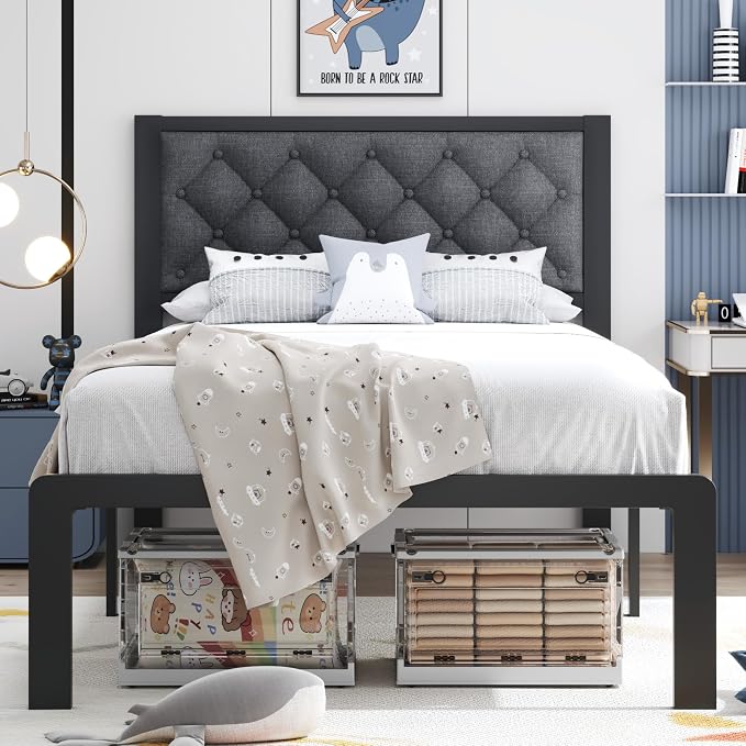 HISOFT Twin Bed Frame with Upholstered Button Tufted Headboard, Bed Frame Platform Metal Slats Support, Under Bed Storage, No Box Spring Needed, Noise-Free, Easy Assembly, Grey