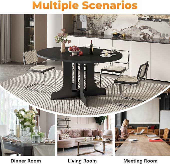 Zevemomo 43"-59" Round Extendable Dining Table for 4-6, Black Expandable Dining Room Table with Removable Self, Metal Reinforced Cross Base, Modern Oval Kitchen Table for Small Spaces, Easy Assembly