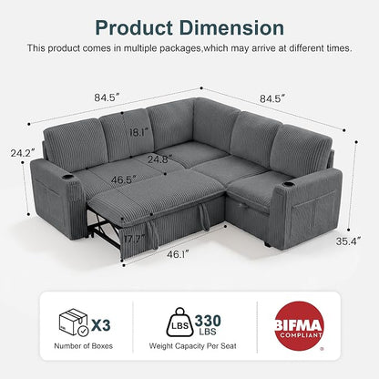 Sectional Sleeper Sofa with Pull Out Bed, Plush Corduroy 5 Seat Modular Sectional Sofa with Storage Chaise and Adjustable Backrest, Cloud Couches for Living Room, Apartment, Smoke Grey