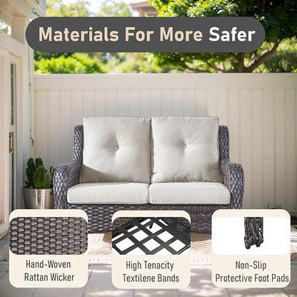Outdoor Loveseat Sofa - 3 Piece Patio Furniture with Ottoman Deep Seating Patio Couch for Porch Deck Garden Backyard - Brown/Beige