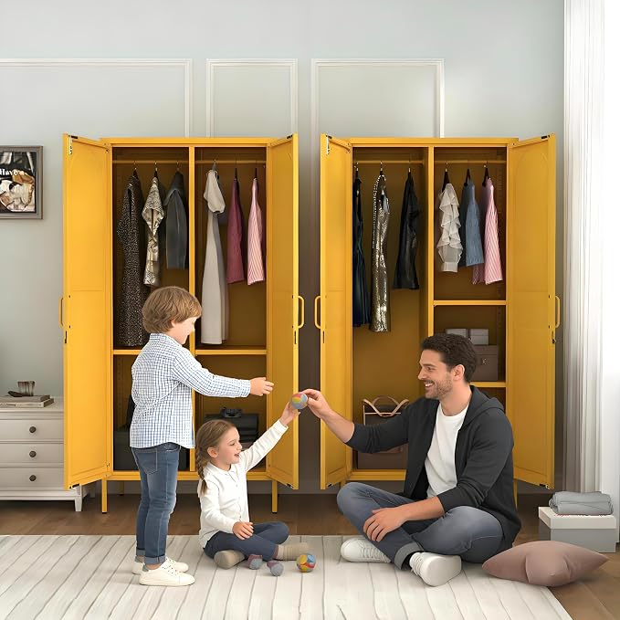 Lockable Metal Wardrobe Closet with Doors, 67" Coat Closet,Metal Storage Cabinet Locker with Removable Hanging Rod And Adjustable Shelves for Home Bedroom Office Yellow Size：67" H X 31.5" W X 18.1" D