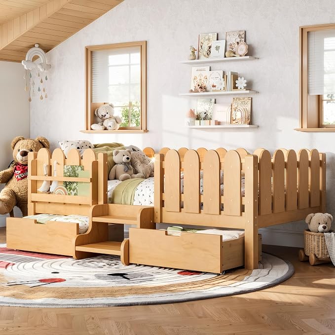 Bellemave Twin Kids Montessori Bed with Stairs, Bookshelf and LED Lights, Solid Wood Kids Bed Frame with Storage Drawers for Boys Girls, Low Profile,Natural