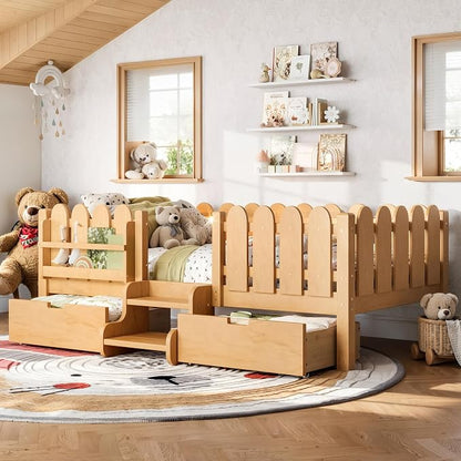 Bellemave Twin Kids Montessori Bed with Stairs, Bookshelf and LED Lights, Solid Wood Kids Bed Frame with Storage Drawers for Boys Girls, Low Profile,Natural