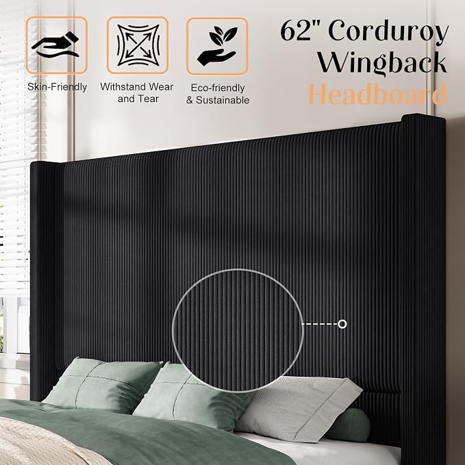 AMERLIFE Queen Size 62" Corduroy Upholstered Bed Frame, Luxurious Platform Bed with Extra Tall Wingback Headboard and Vertical Stripe, No Box Spring Needed/Solid Wood Slats & Legs/Black