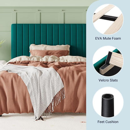 Allewie Twin Bed Frame, Velvet Upholstered Platform Bed with Adjustable Vertical Channel Tufted Headboard, Mattress Foundation with Strong Wooden Slats, Box Spring Optional, Easy Assembly, Teal