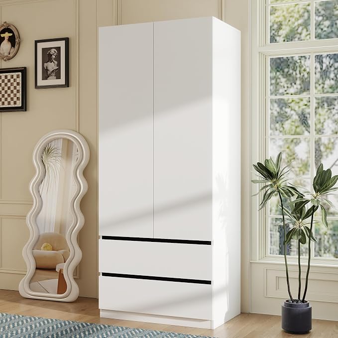 White Armoire Wardrobe Closet: 75" Large Wardrobe Closet with 2 Doors, Modern Bedroom Armoires with 2 Drawers, Tall Wood Closets for Bedroom
