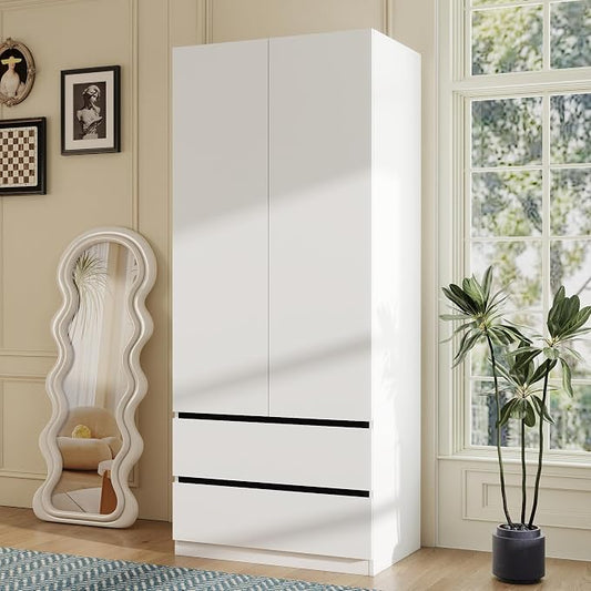 White Armoire Wardrobe Closet: 75" Large Wardrobe Closet with 2 Doors, Modern Bedroom Armoires with 2 Drawers, Tall Wood Closets for Bedroom