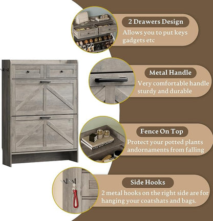 BORNOON Shoe Storage Cabinet for Entryway, Farmhouse Narrow Shoe Cabinet with 2 Flip Drawers & Top Drawers, Adjustable Shelves & Hooks, Freestanding Hidden Rack Organizer for Hallway, Foyer