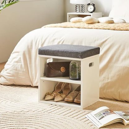YMYNY Shoe Storage Bench with Cushion, 2 Tier Shoe Rack with Padded Seat, Adjustable Shoe Organizer Cabinet for Entryway, Living Room, Hallway, Closet, Bedroom, 15.4L*11W*16.54H, White, UHBD028W