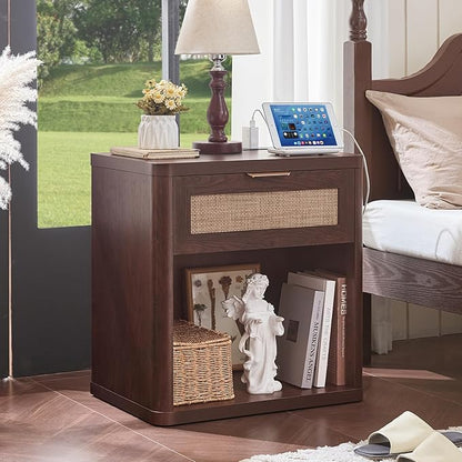 LEYAOYAO Rattan Nightstand with Charging Station, Walnut Night Stand with Drawer, 23" Wide Boho Bedside Table with Storage Shelf, Bed Side End Tables for Bedroom, Living Room, Hallway