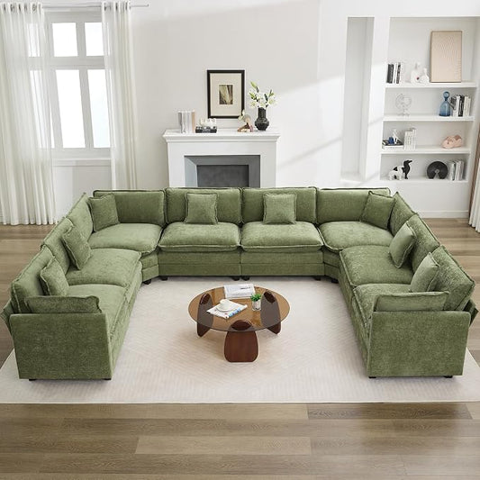 147'' Oversized U Shaped Cloud Sectional Sofa, Chenille Deep Seat Couches for Living Room, Comfy Upholstered Modular Sectional Sofa Couch, Green