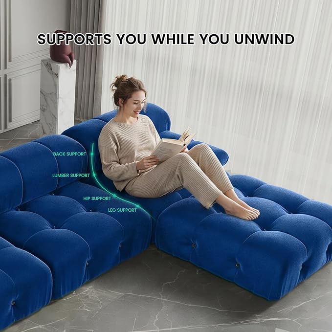 Modern Velvet Sectional Sofa, U Shape Minimalist Modular 6-Seater Couch with 2-Ottomans for Living Room Office Apartment (138in/Blue)