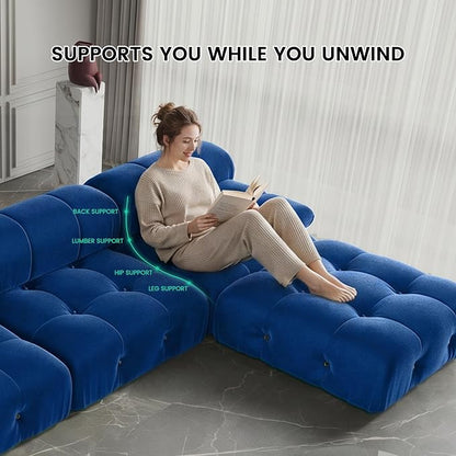 Modern Velvet Sectional Sofa, U Shape Minimalist Modular 6-Seater Couch with 2-Ottomans for Living Room Office Apartment (138in/Blue)