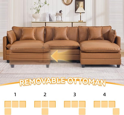 111'' Sectional Cloud Deep Seat Couch, Modern Comfy Leather L Shaped Sectional Sofa for Living Room Set, Upholstered Modular 4-Seats Sofa Couch with 1 Movable Ottoman, Leather Light Brown