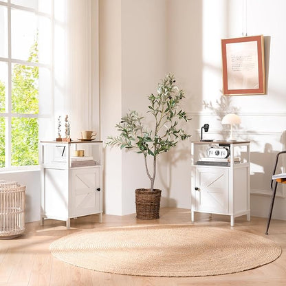 Yoobure Farmhouse NightStand with Charging Station，Wood Night Stand End Table with USB Ports, LED Bed Side Table with Storage Cabinet，Bedside Table for Bedroom, Living Room White
