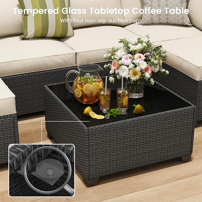 olimix 7 Piece Outdoor Patio Furniture Set, Outdoor Sectional Furniture, Rattan & Wicker Modern Modular Conversation Set Sofa Couch W/Water Resistant Washable Thick Cushions, Black/Beige
