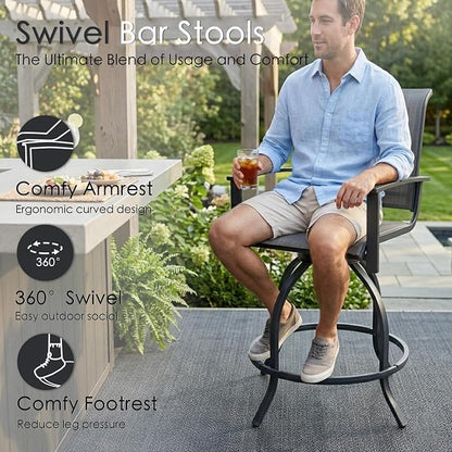 Kozyard Outdoor Swivel Bar Stools Set of 2, 360° Swivel Counter-Height Patio Bar Chairs with High Back, Powder-Coated Steel Frame & Textilene Fabric for Backyard, Balcony, Kitchen Island Gray