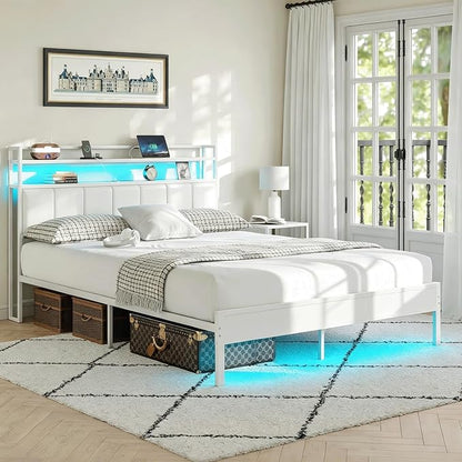 Full Size Bed Frame with Upholstered Headboard and 2-Tier Storage Shelves | Metal / Charging Station / LED Lights / Under Bed Storage / Non-slip/ Noise Free / No Box Spring Needed / White