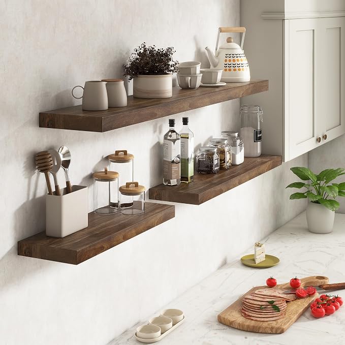 Floating Shelves for Wall Decor, 8" Deep Solid Elm Wood Floating Shelves Wall Mounted, Rustic Wall Shelves with Invisible Bracket for Living Room Bathroom Bedroom Kitchen, 24 Inch Set of 2, Walnut