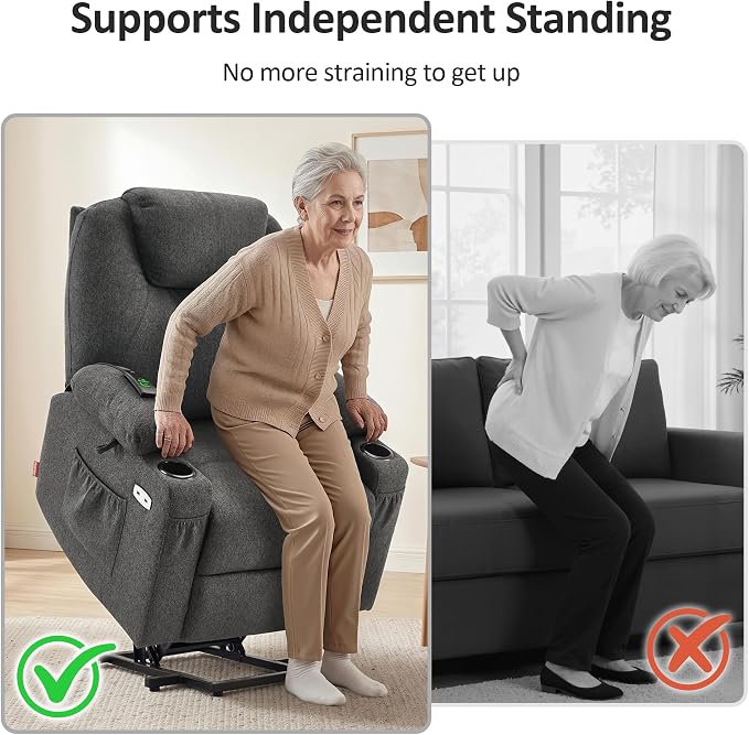 MCombo Small Power Lift Recliner Chair for Elderly, Petite Power Lift Chair with Heat and Massage for Seniors, Cup Holders, USB & Type C Ports, Fabric 7141 (Grey)