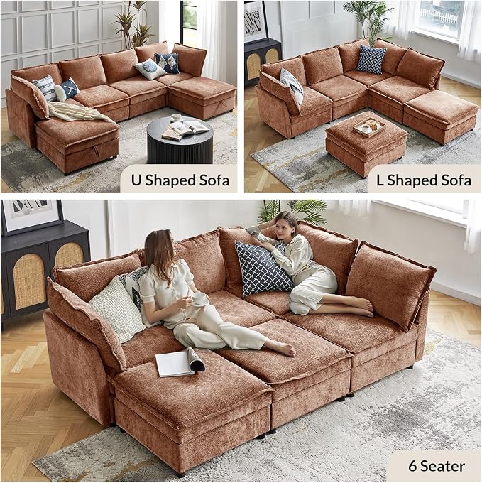 HULALA HOME 127'' Modular Sectional Sofa, Oversized U Shaped Couch with Storage Ottoman, Comfy Chenille Sofa with Deep Seat, 6 Seat Convertible Couches for Living Room, Burnt Orange