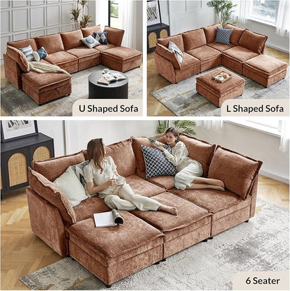 HULALA HOME 127'' Modular Sectional Sofa, Oversized U Shaped Couch with Storage Ottoman, Comfy Chenille Sofa with Deep Seat, 6 Seat Convertible Couches for Living Room, Burnt Orange