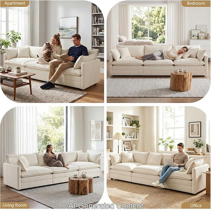 GNIXUU 111.5" Modern Cloud Sofa Couch, Upholstered Chenille 3 Seat Sofa Couch with Pillows & Armrest for Living Room, Bedroom, Deep Seat Sofa(Beige White)