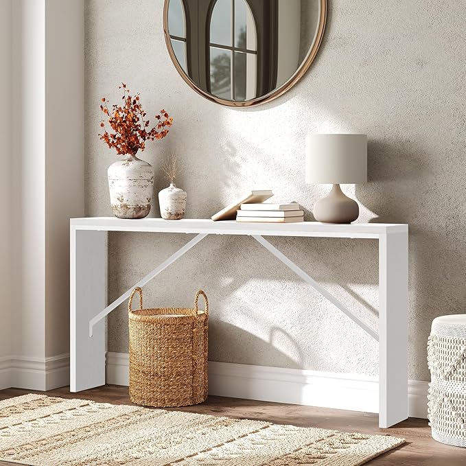 MAHANCRIS Console Table, 62.2" Long Sofa Table Behind Couch, Narrow Entryway Table, Farmhouse Dining Table with Angled Metal Frame, Industrial Console Table for Entryway, White CTWT15801