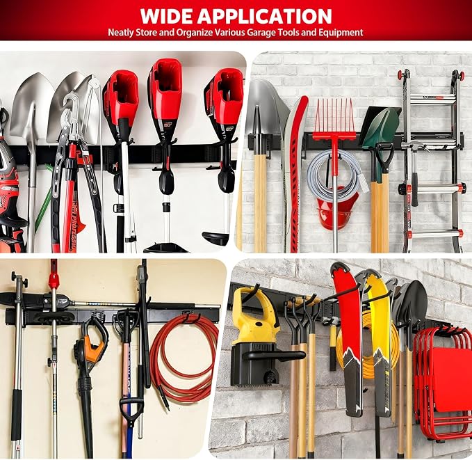 64 Inches Garage Tool Organizer Wall Mount, Tool Storage Rack Wall Mount, Heavy Duty Garden Wall Organizer System for Yard, garage and Shed, Tool Holder for Hanging Rake Snowboard Broom Mop