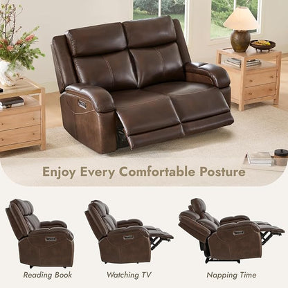 Watson & Whitely Genuine Leather Power Loveseat Recliner Sofa, 2 Seat Wall Hugger Reclining Sofa with Power Headrest & Charging Ports, Dual Recliner Sofas for Living Room, RV, Dark Brown
