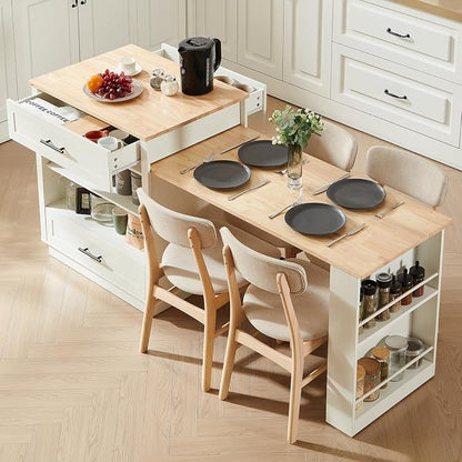 ONBRILL 76" Kitchen Islands with Extendable Dining Table, 2-4 Island Table with Double-Side Storage, Mobile Storage Islands Cart with Power Outlet & Spice Rack, White