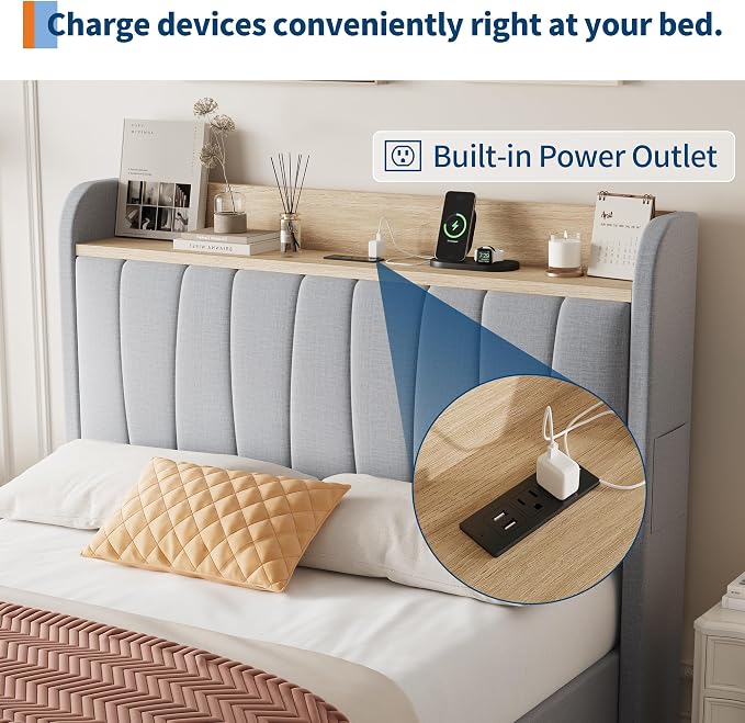 GarveeHome Twin Size Bed Frame with Storage Headboard and Charging Station, Upholstered Platform Bed Frame with Drawers, Heavy Duty, No Box Spring Needed, Easy Assembly, Grey