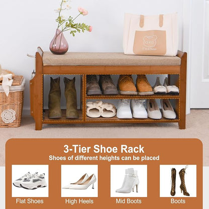 PETKABOO Shoe Bench with Hidden Drawer and Side Holder, 2 Tier Entryway Bench with Storage 39.4 in, Bamboo Shoe Rack with Cushion for Entryway Hallway Living Room Bedroom