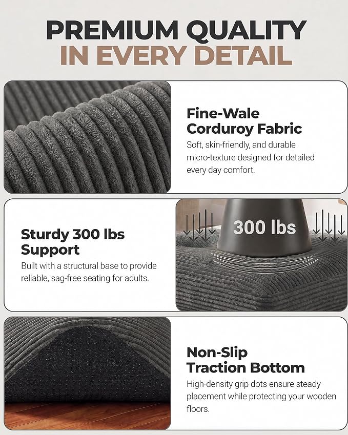 23.6in Pouf Ottoman, Corduroy Ottoman Foot Rest with Dual‑Layer Support, Large Plush Pouf with Soft Chunk‑Foam Top & Firm Foam Base, Floor Foot Stool for Living Room, Dark Grey