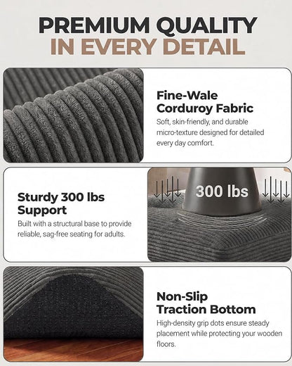 23.6in Pouf Ottoman, Corduroy Ottoman Foot Rest with Dual‑Layer Support, Large Plush Pouf with Soft Chunk‑Foam Top & Firm Foam Base, Floor Foot Stool for Living Room, Dark Grey