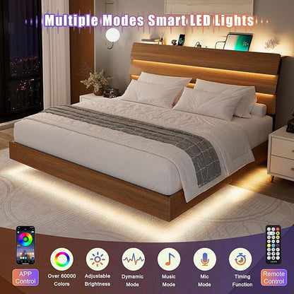 Feonase Floating Bed Frame King with Led Lights and Charging Station, Wood Full Size Bed Frame with Storage Headboard, Heavy Duty Metal Slats, No Box Spring Needed, Easy Assembly,Walnut