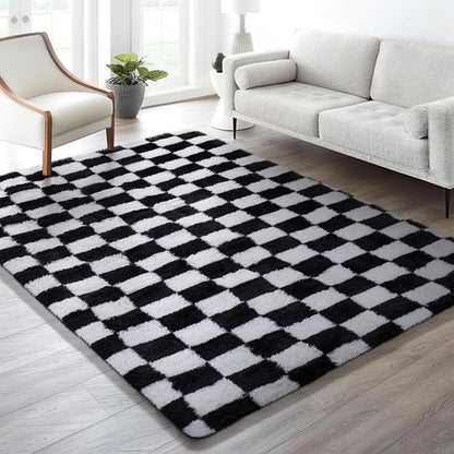 Ophanie Checkered Black & White Rug for Living Room Bedroom,Fluffy Soft Cute Fuzzy Area Rugs,Shag Plush Shaggy Bedside Floor 6x9 Furry Carpet Kids Baby Teen Dorm Decor with Over 99 pcs Pile fibers