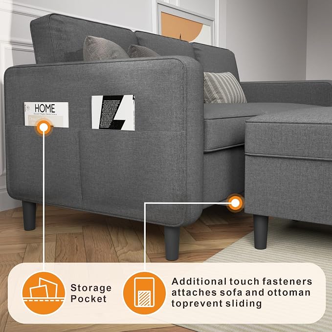 Sectional Sofa Couches for Living Room, 78'' Dark Grey 3 Seater L-Shaped Couch with Storage Ottoman, Comfy Fabric Convertible Sectionals Sofas with Chaise for Apartment, Office, Small Space