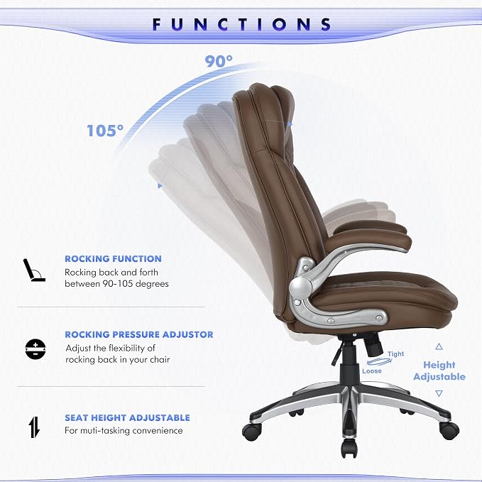 COLAMY High Back Executive Office Chairs Set of 2, Ergonomic PU Leather Desk Chairs with Flip-Up Armrests, Adjustable Height, Lumbar Support, Comfortable Computer Chairs for Home Office, Brown