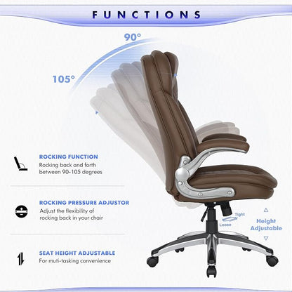 COLAMY High Back Executive Office Chairs Set of 2, Ergonomic PU Leather Desk Chairs with Flip-Up Armrests, Adjustable Height, Lumbar Support, Comfortable Computer Chairs for Home Office, Brown