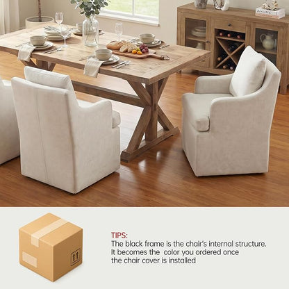 VKNOW Upholstered Dining Chairs Set of 2, Modern Kitchen Chairs Dinner Chairs with 4 Casters, Chenille Armchair for Bedroom Reading Room Living Room, Beige