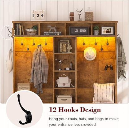CSZZD Hall Tree with Bench and Shoe Storage, Farmhouse Entryway Bench with Coat Racks and Led Lights, Large Hall Tree with 12 Coat Hooks, 8 Storage Cubbies, Adjustable Shelf