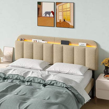 Adjustable Headboard for King/California King Size Bed Frame, Linen Fabric Bed Headboard with Storage & RGB LED Light in Modern Vertical Channel Design, Beige