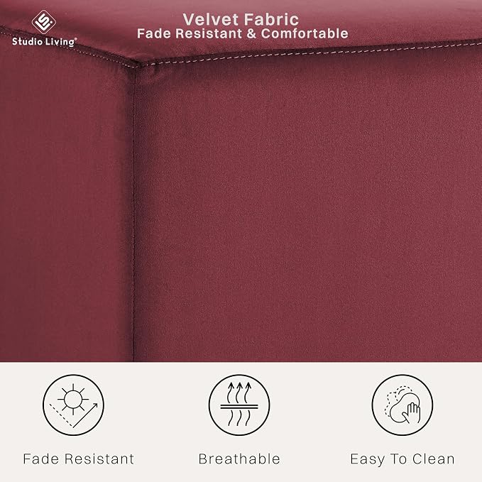 Studio Living® 18” Warren Ottoman Square Soft Velvet Bench, Stationary Ottomans, Backless Chair, Footrest for Living Room, Footstool Office, Bedroom, Padded Seat, Plum