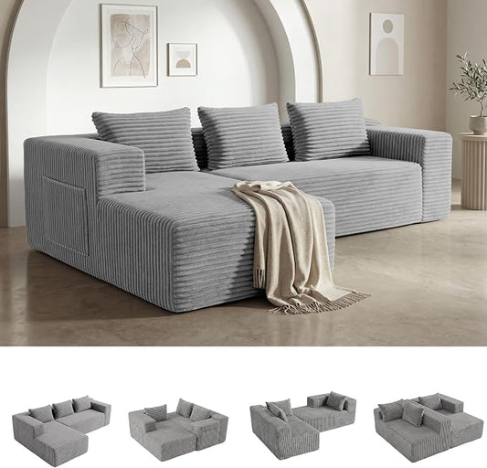 Modular Sectional L-Shaped Sofa with Deep Seat, Modern Boneless Comfy Corduroy Fluffy Couch with Side Pockets and Anti-Slip & Floor-Friendly Bottom for Living Room, No Assembly, Light Grey