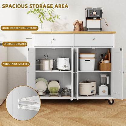 SUNLEI Kitchen Island with Storage, Kitchen Island on Wheels with Drop Leaf, Rolling Kitchen Island Cart with Cabinet and Drawers, Mobile Kitchen Storage Cart for Dining Room, White