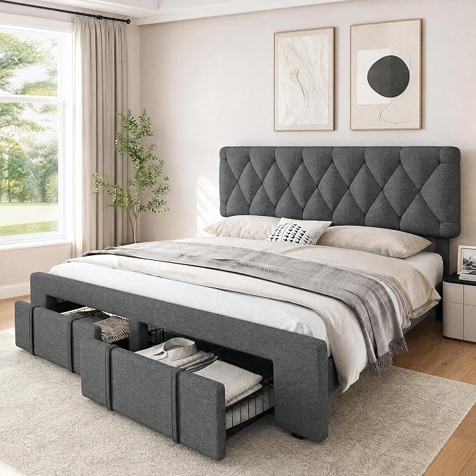 GarveeHome Full Size Bed Frame, Upholstered Platform Bed Frame with Storage Drawers, Mattress Foundation with Solid Wooden Slats Support, No Box Spring Needed, Grey